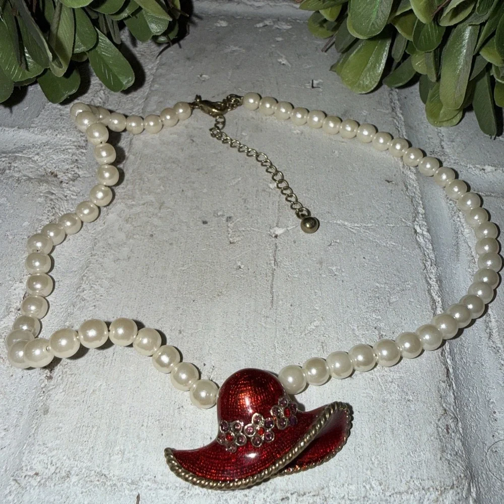Vintage Imitation‎ Pearl Necklace With Red Hat Society Enamel Pendant 14
